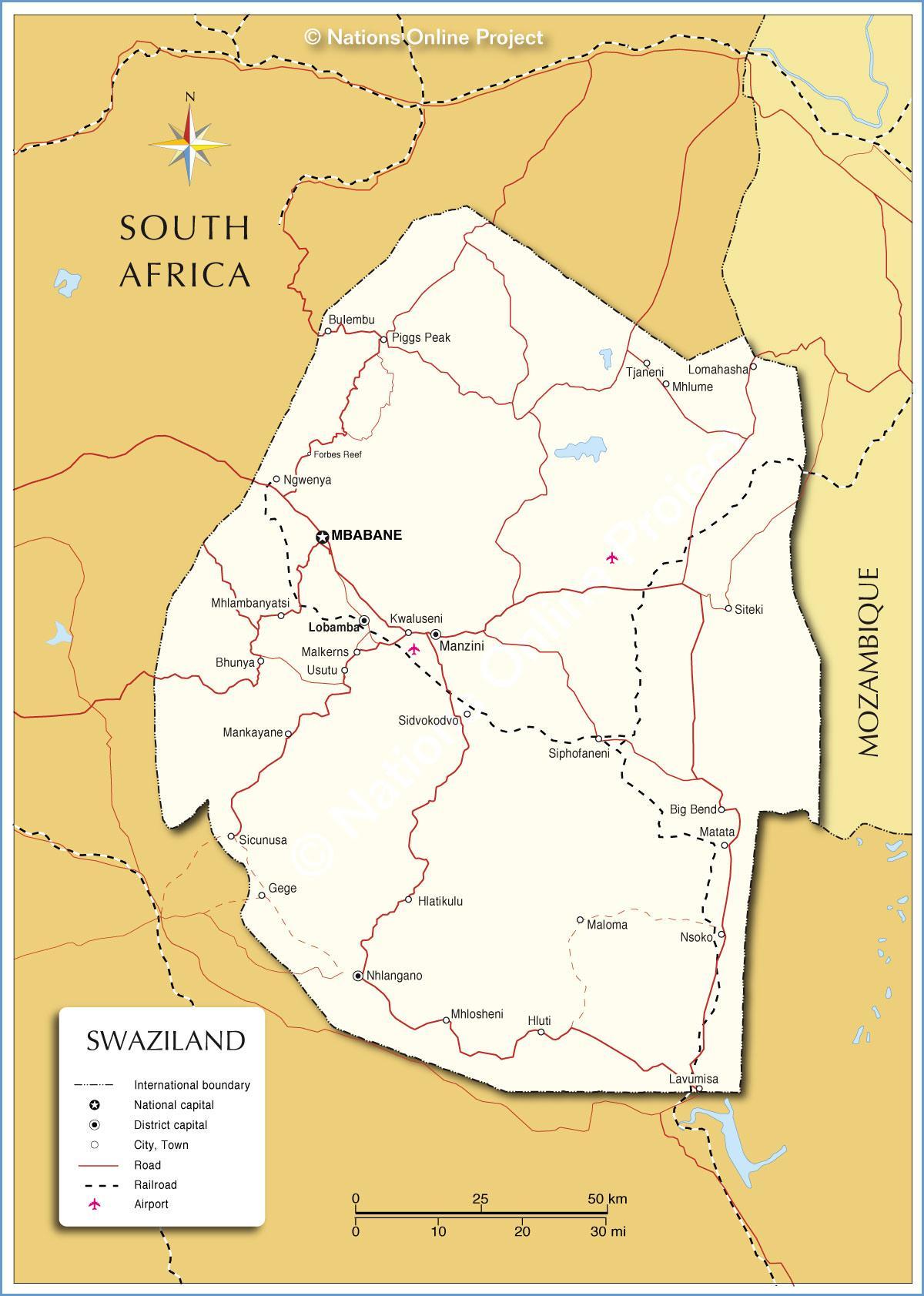 Karte Svazilenda pilsētu