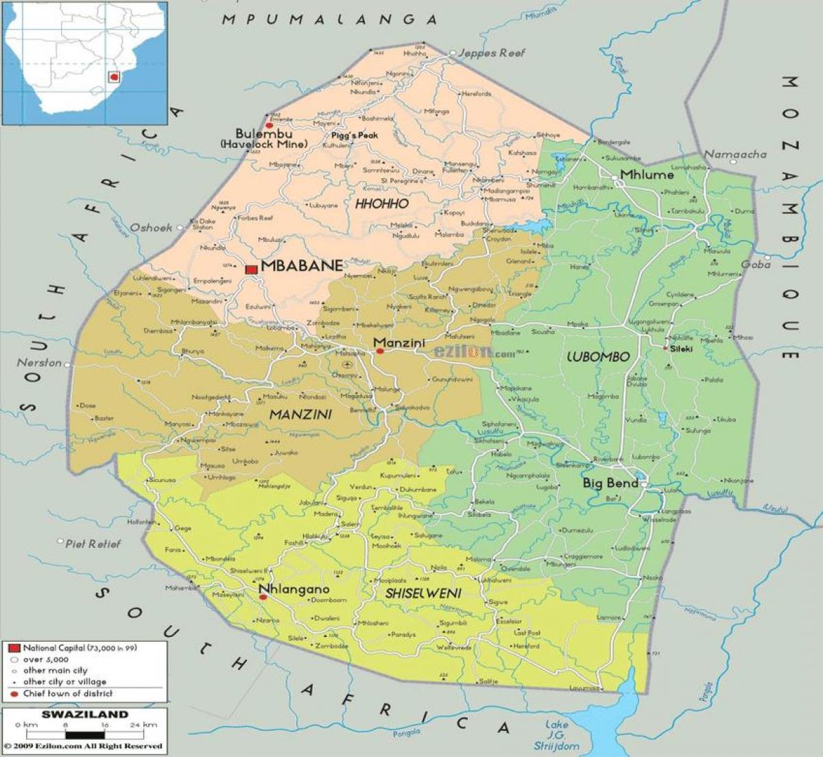 Karte Svazilenda reģionos